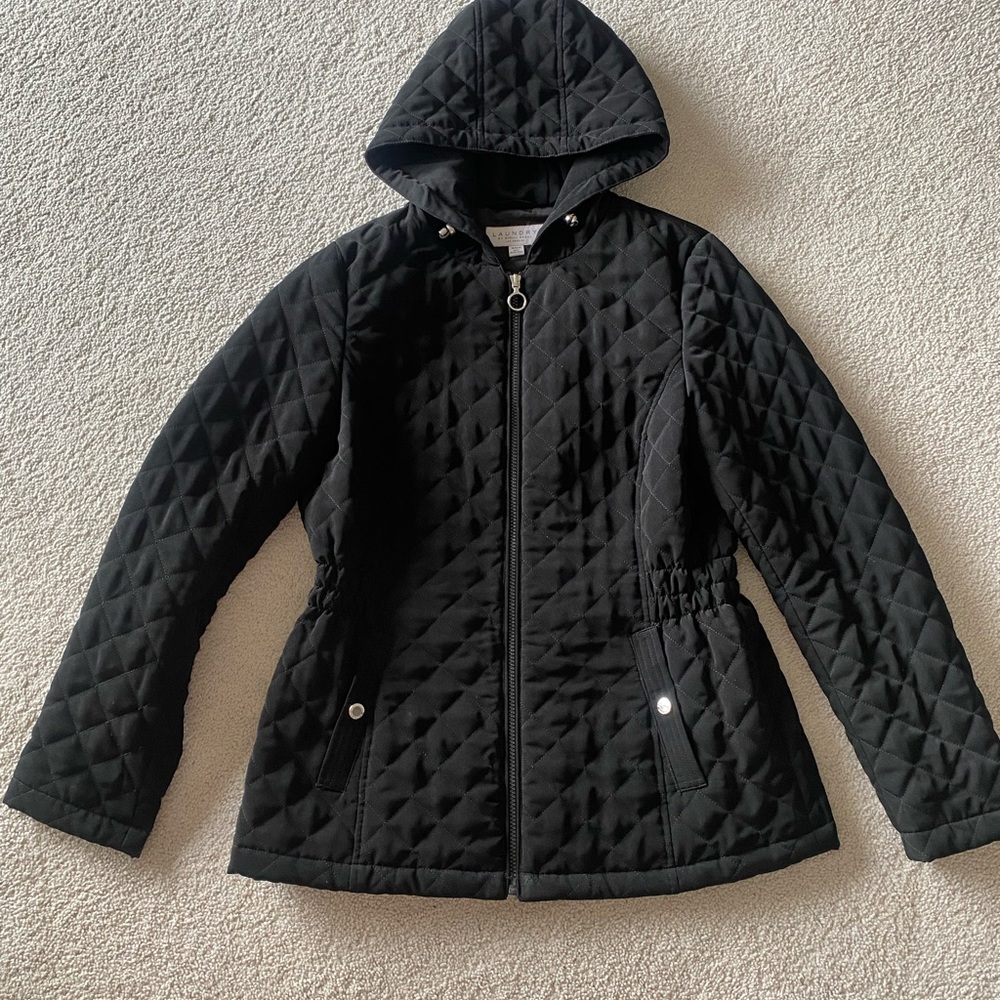 Black Quilted Lined Jacket w/Hood LAUNDRY BY SHELLI SEGAL,  3/4 mid thigh, M